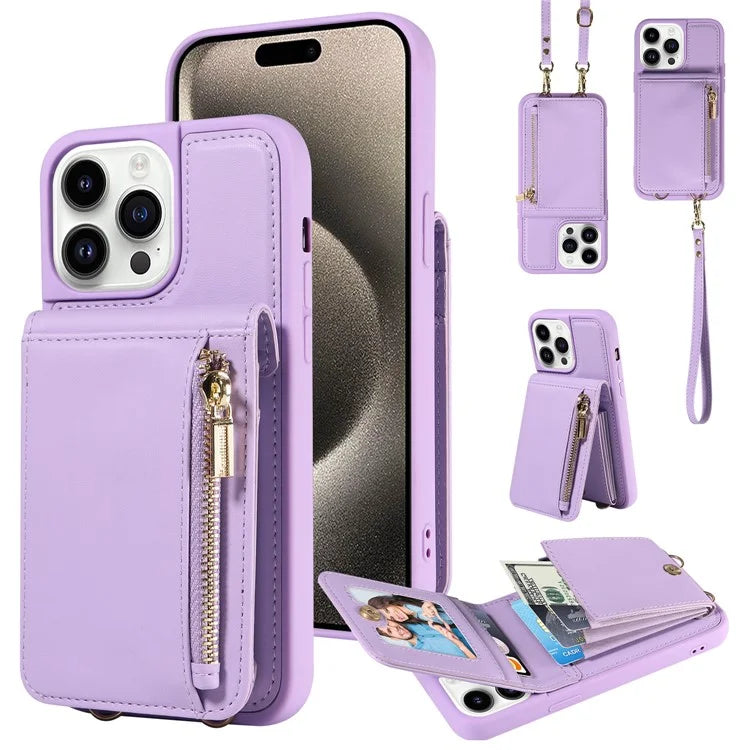 For iPhone 15 Pro Case Drop-proof PU+TPU Kickstand Zipper Wallet Phone Protector