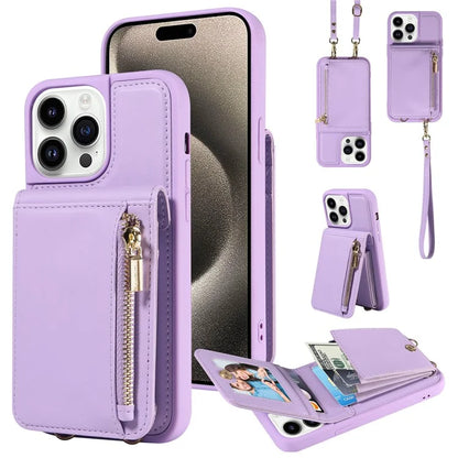 For iPhone 15 Pro Case Drop-proof PU+TPU Kickstand Zipper Wallet Phone Protector