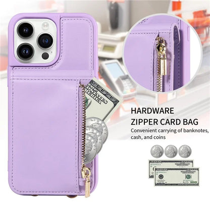 For iPhone 15 Pro Case Drop-proof PU+TPU Kickstand Zipper Wallet Phone Protector