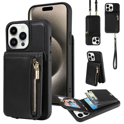 For iPhone 15 Pro Case Drop-proof PU+TPU Kickstand Zipper Wallet Phone Protector