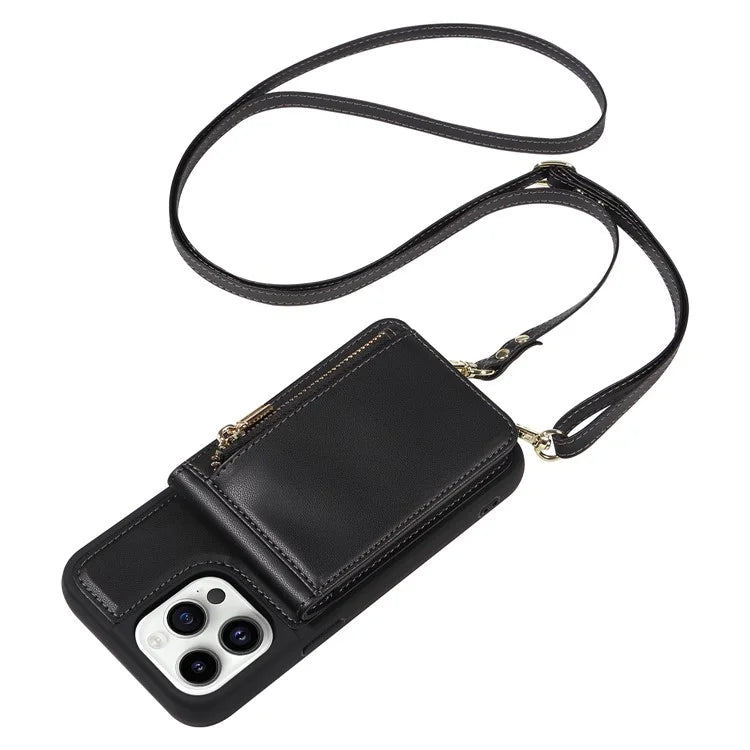 For iPhone 15 Pro Case Drop-proof PU+TPU Kickstand Zipper Wallet Phone Protector