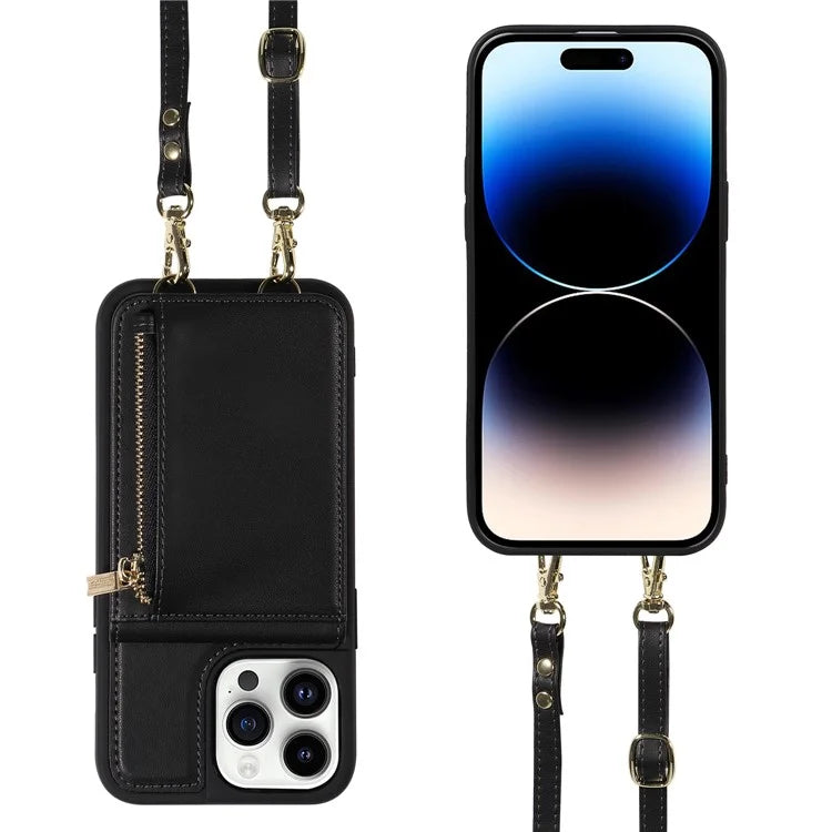 For iPhone 15 Pro Case Drop-proof PU+TPU Kickstand Zipper Wallet Phone Protector
