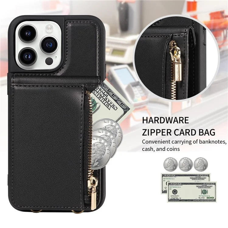 For iPhone 15 Pro Case Drop-proof PU+TPU Kickstand Zipper Wallet Phone Protector
