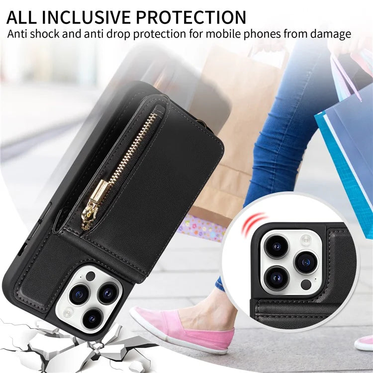 For iPhone 15 Pro Case Drop-proof PU+TPU Kickstand Zipper Wallet Phone Protector