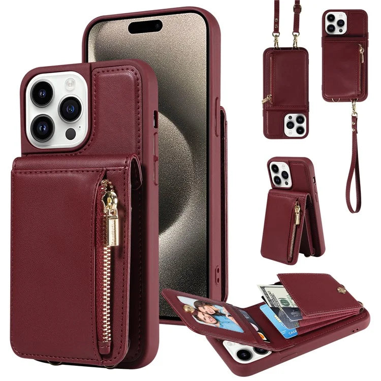 For iPhone 15 Pro Case Drop-proof PU+TPU Kickstand Zipper Wallet Phone Protector