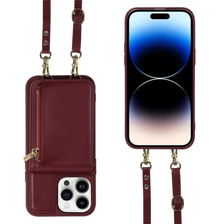 For iPhone 15 Pro Case Drop-proof PU+TPU Kickstand Zipper Wallet Phone Protector