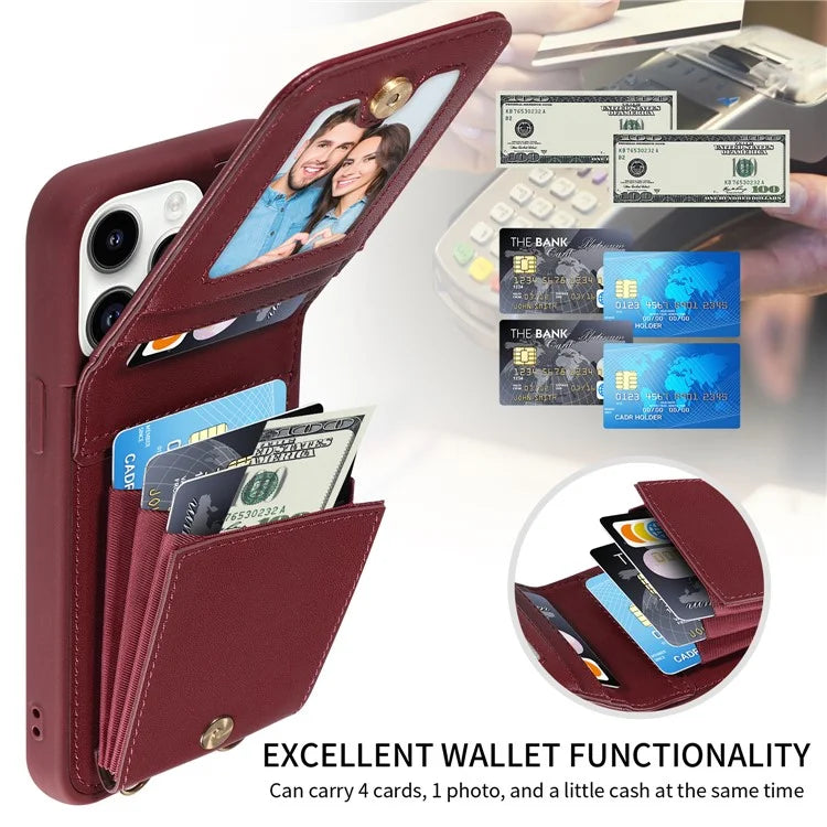 For iPhone 15 Pro Case Drop-proof PU+TPU Kickstand Zipper Wallet Phone Protector