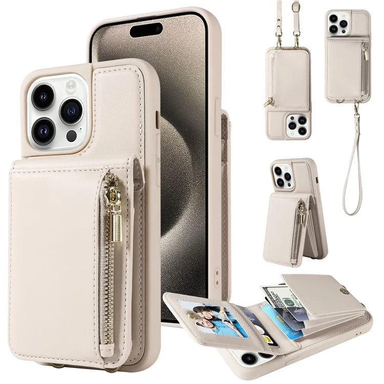 For iPhone 15 Pro Case Drop-proof PU+TPU Kickstand Zipper Wallet Phone Protector
