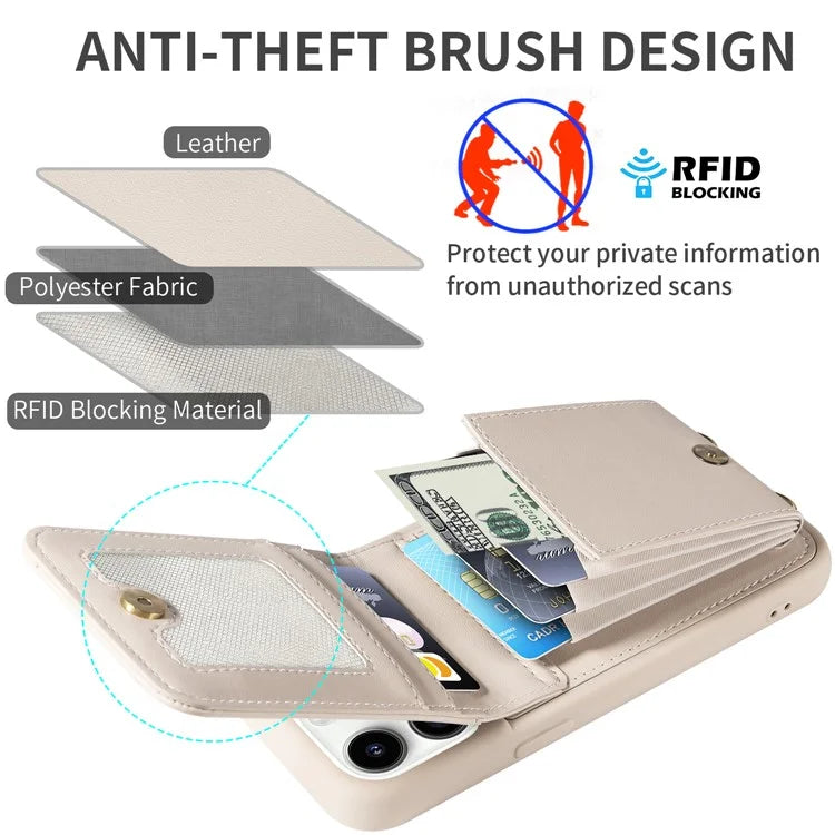 For iPhone 15 Pro Case Drop-proof PU+TPU Kickstand Zipper Wallet Phone Protector