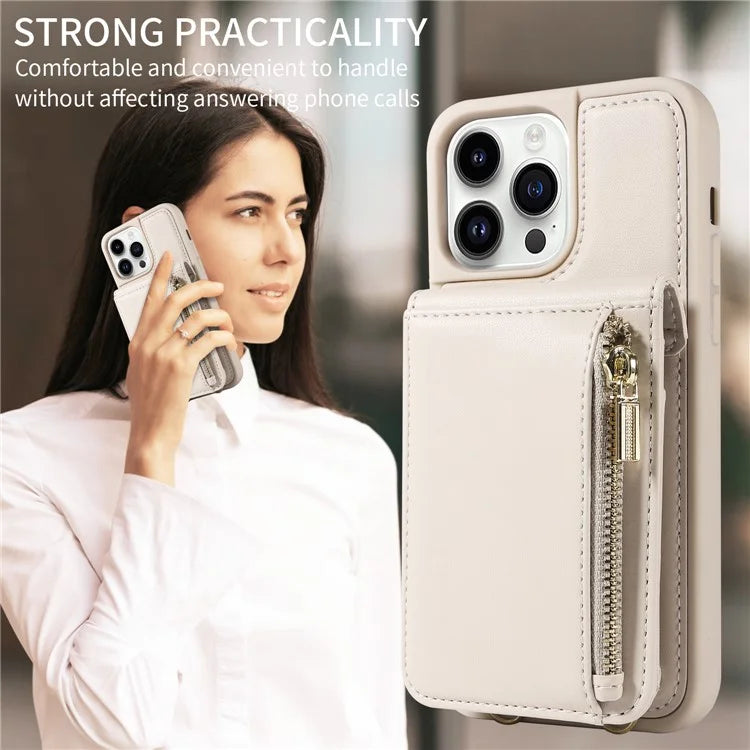 For iPhone 15 Pro Case Drop-proof PU+TPU Kickstand Zipper Wallet Phone Protector
