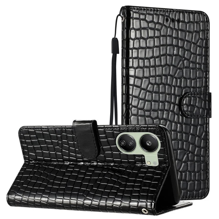 For Xiaomi Redmi 13C 4G / Poco C65 4G Anti-scratch Crocodile Texture Leather Cell Phone Cases with Strap