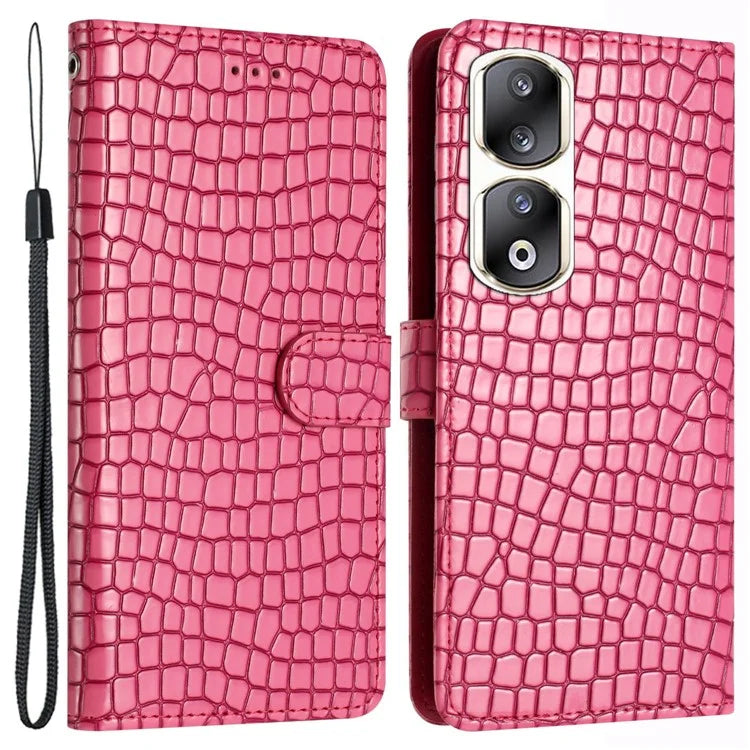 For Honor 90 Pro Case Crocodile Texture Phone Shell Leather Wallet Cover with Strap