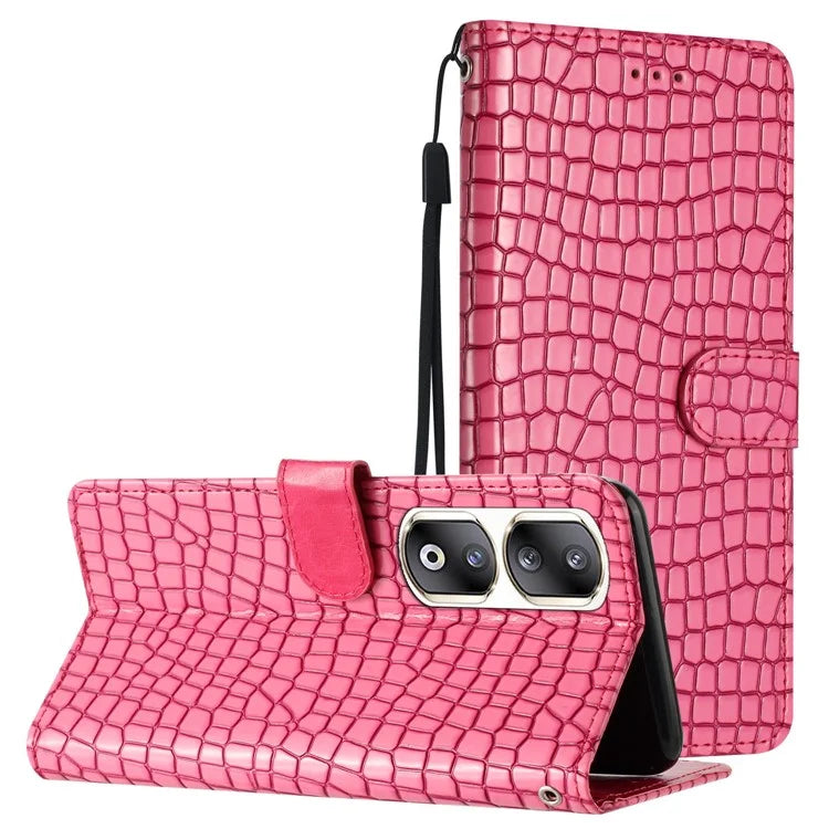 For Honor 90 Pro Case Crocodile Texture Phone Shell Leather Wallet Cover with Strap