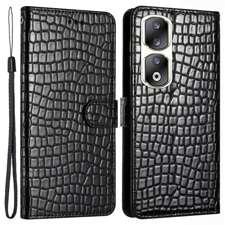 For Honor 90 Pro Case Crocodile Texture Phone Shell Leather Wallet Cover with Strap
