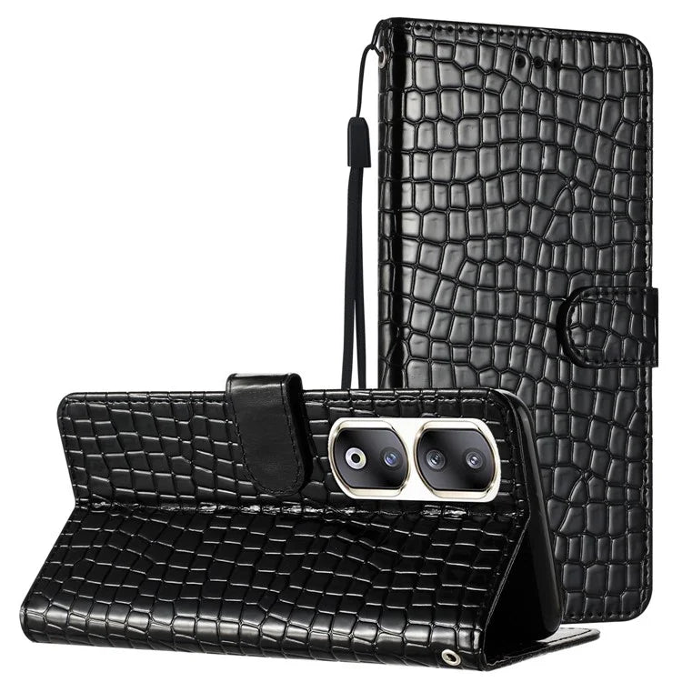For Honor 90 Pro Case Crocodile Texture Phone Shell Leather Wallet Cover with Strap