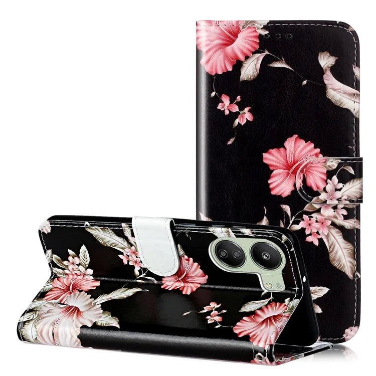 For Xiaomi Redmi 13C 4G / Poco C65 4G Case PU Leather Magnetic Closure Pattern Phone Cover