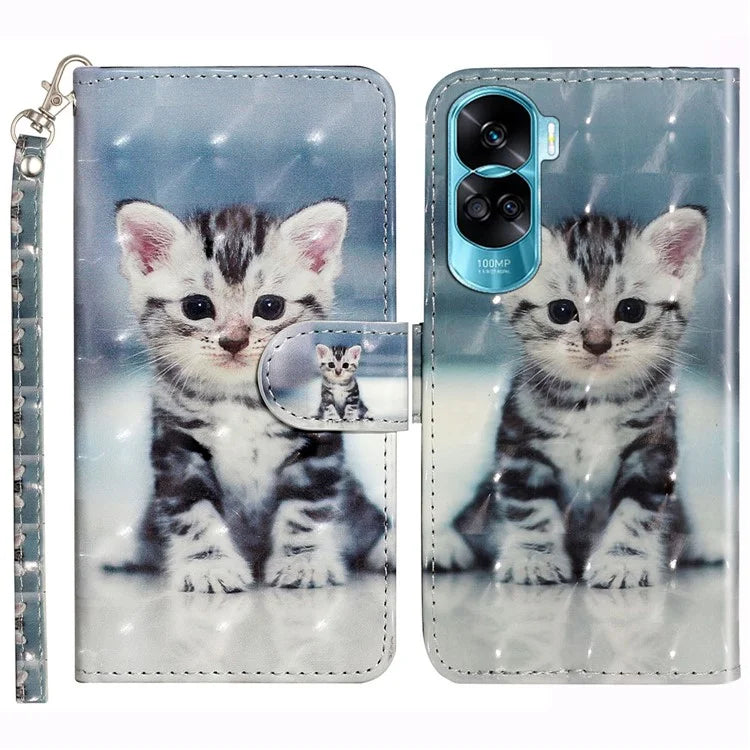 For Honor 90 Lite 5G / X50i 5G Phone Case 3D Pattern PU Leather Wrist Strap Cover