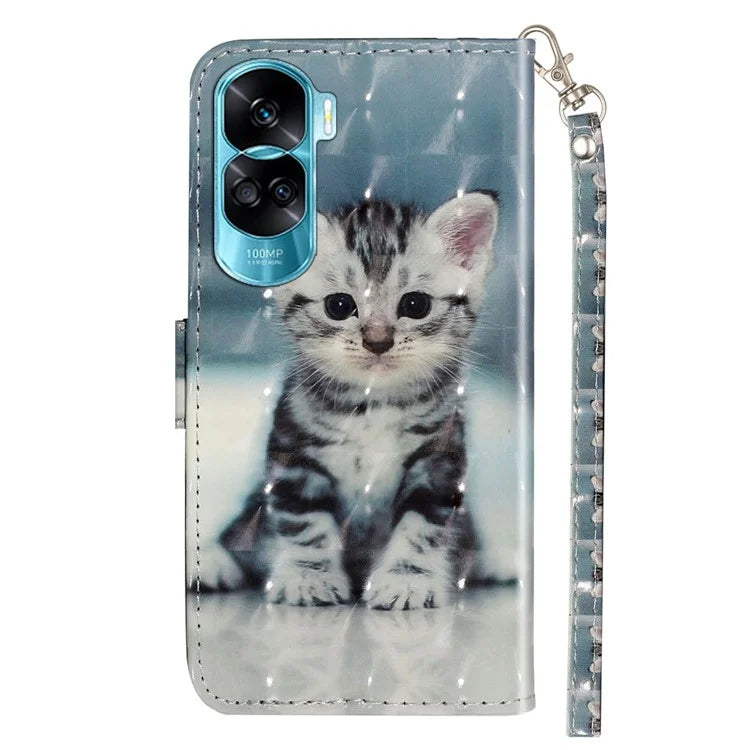 For Honor 90 Lite 5G / X50i 5G Phone Case 3D Pattern PU Leather Wrist Strap Cover