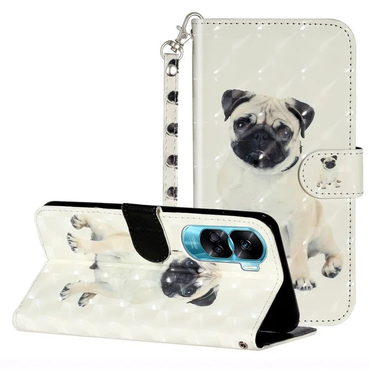 For Honor 90 Lite 5G / X50i 5G Phone Case 3D Pattern PU Leather Wrist Strap Cover