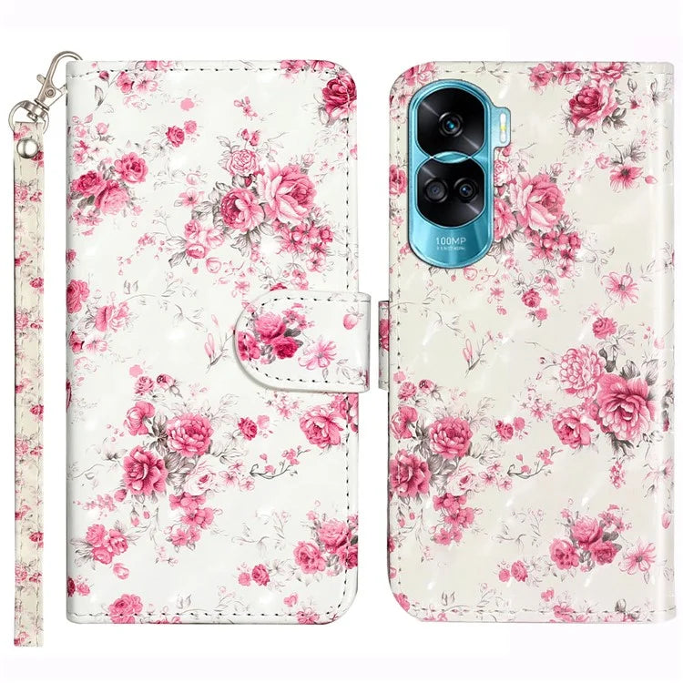 For Honor 90 Lite 5G / X50i 5G Phone Case 3D Pattern PU Leather Wrist Strap Cover