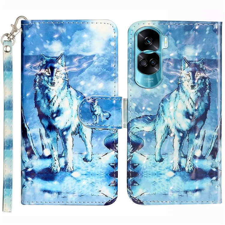 For Honor 90 Lite 5G / X50i 5G Phone Case 3D Pattern PU Leather Wrist Strap Cover