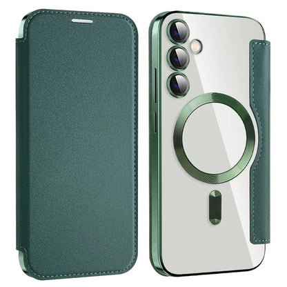 For Samsung Galaxy S23 FE Case Magnetic RFID Blocking Electroplating Phone Cover with Lens Film and Card Slotsish Green