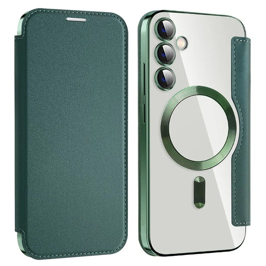 For Samsung Galaxy S23 FE Case Magnetic RFID Blocking Electroplating Phone Cover with Lens Film and Card Slotsish Green