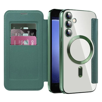 For Samsung Galaxy S23 FE Case Magnetic RFID Blocking Electroplating Phone Cover with Lens Film and Card Slotsish Green