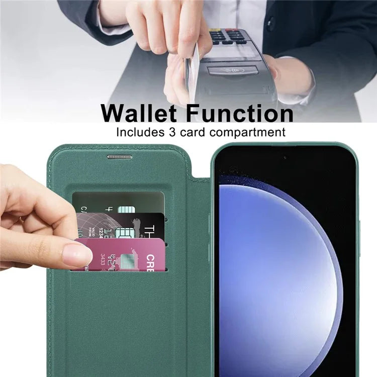For Samsung Galaxy S23 FE Case Magnetic RFID Blocking Electroplating Phone Cover with Lens Film and Card Slotsish Green