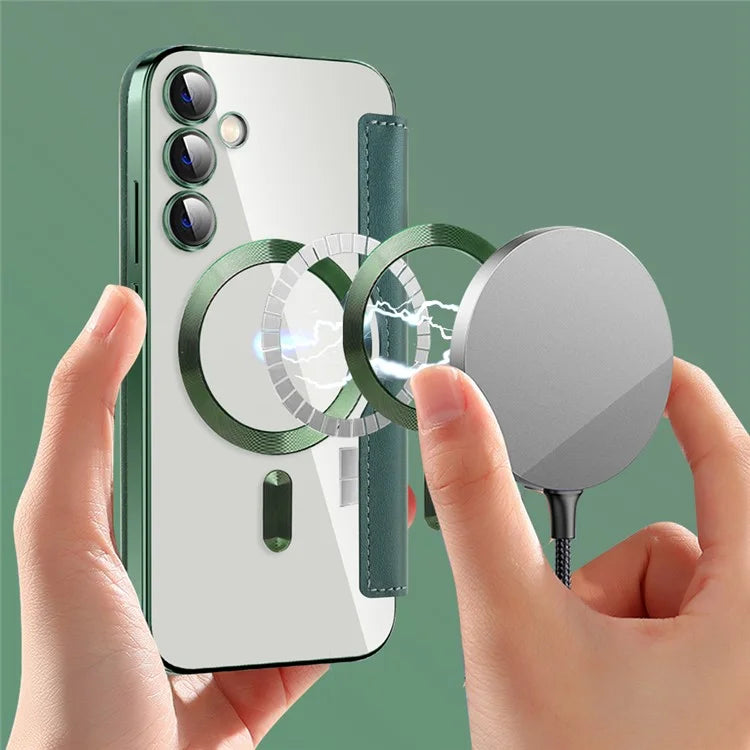 For Samsung Galaxy S23 FE Case Magnetic RFID Blocking Electroplating Phone Cover with Lens Film and Card Slotsish Green