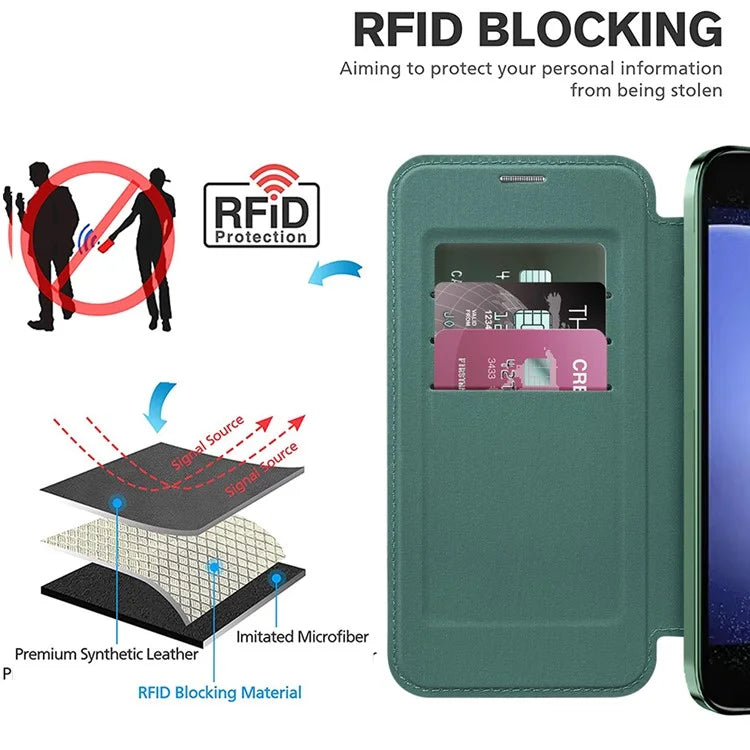 For Samsung Galaxy S23 FE Case Magnetic RFID Blocking Electroplating Phone Cover with Lens Film and Card Slotsish Green