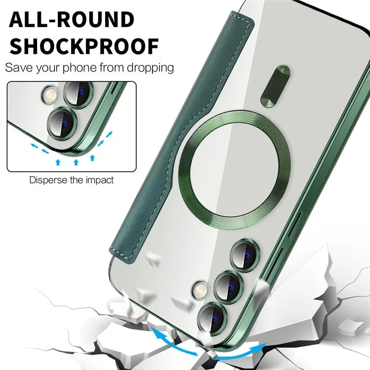 For Samsung Galaxy S23 FE Case Magnetic RFID Blocking Electroplating Phone Cover with Lens Film and Card Slotsish Green