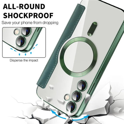 For Samsung Galaxy S23 FE Case Magnetic RFID Blocking Electroplating Phone Cover with Lens Film and Card Slotsish Green