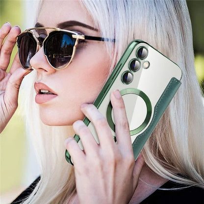 For Samsung Galaxy S23 FE Case Magnetic RFID Blocking Electroplating Phone Cover with Lens Film and Card Slotsish Green