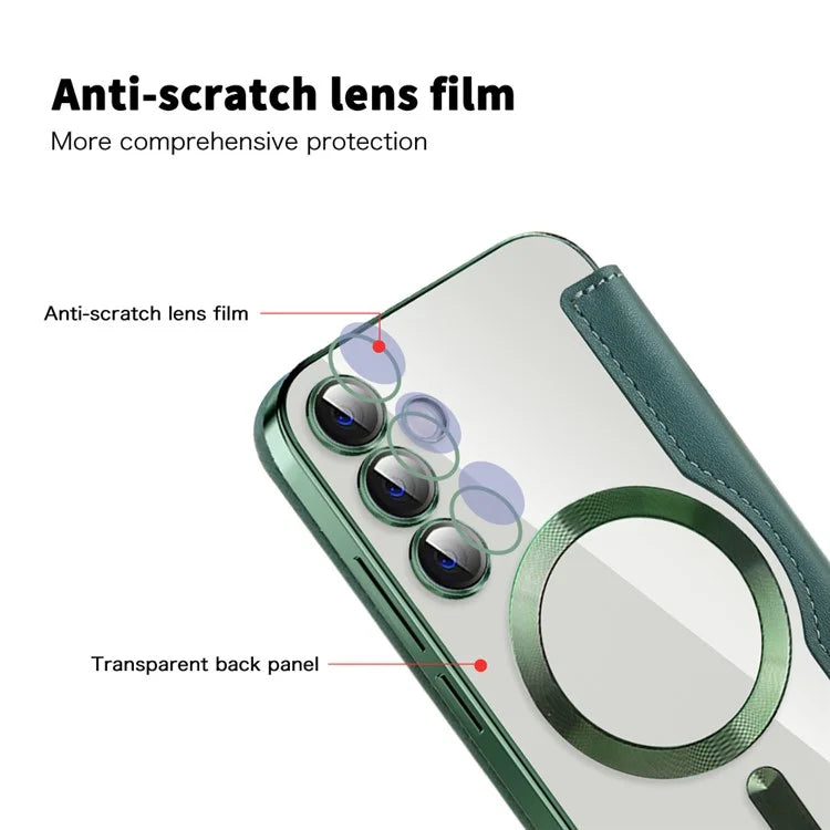 For Samsung Galaxy S23 FE Case Magnetic RFID Blocking Electroplating Phone Cover with Lens Film and Card Slotsish Green
