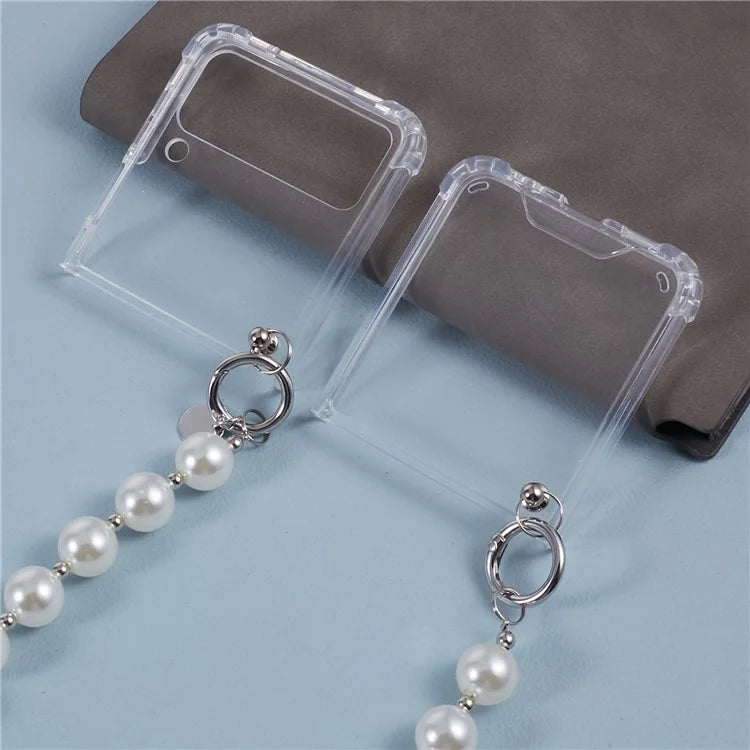 For Samsung Galaxy Z Flip4 5G Clear Phone Case Corners Protection Hard PC Cover with Chain