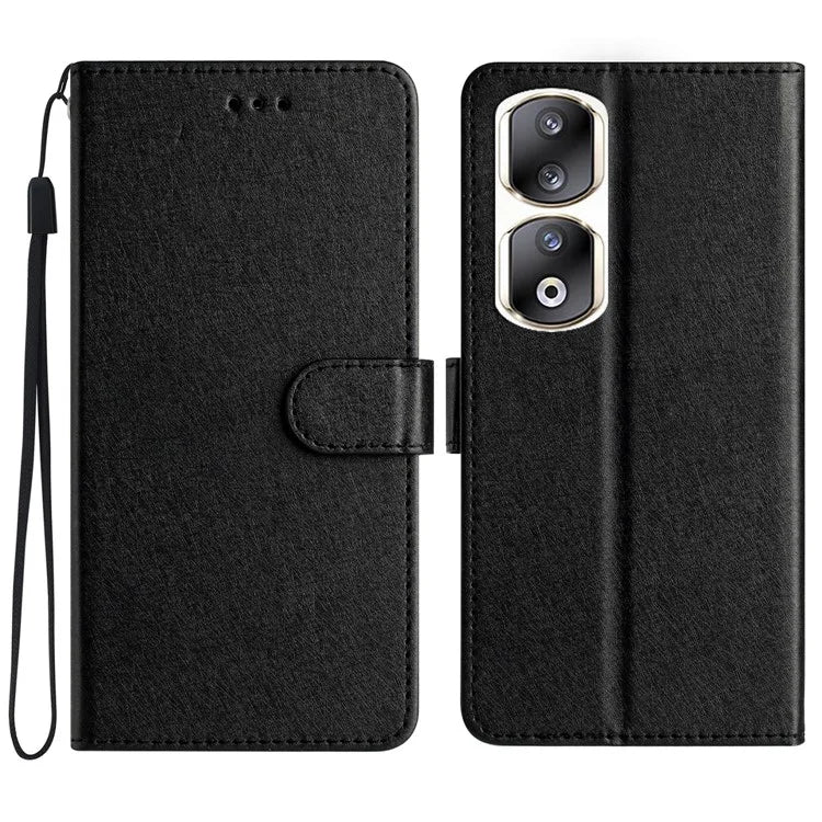 For Honor 90 Pro Case Silk Texture Leather Stand Wallet Phone Cover with Handy Strap