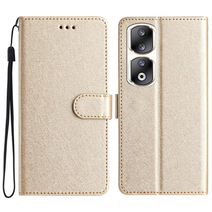 For Honor 90 Pro Case Silk Texture Leather Stand Wallet Phone Cover with Handy Strap