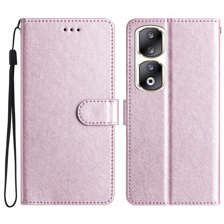For Honor 90 Pro Case Silk Texture Leather Stand Wallet Phone Cover with Handy Strap