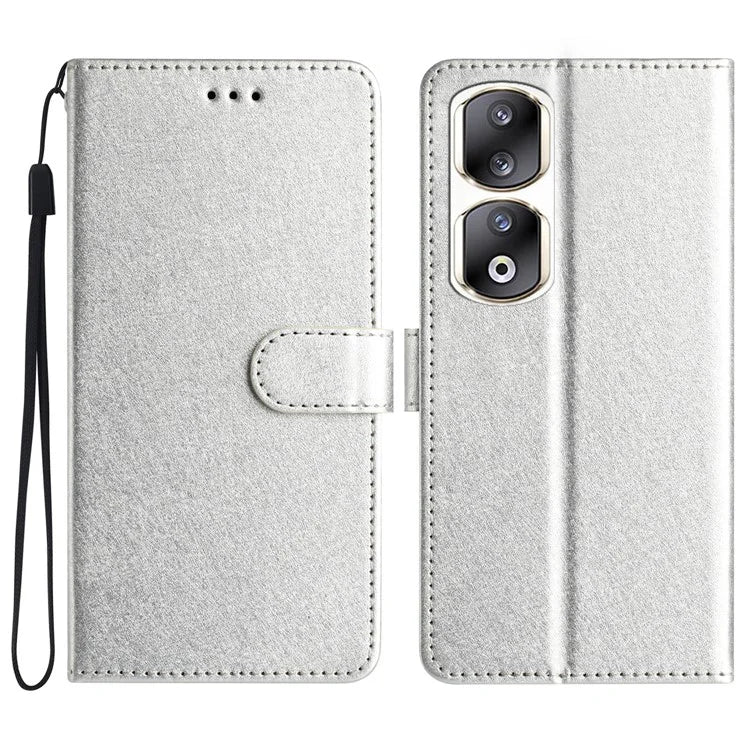 For Honor 90 Pro Case Silk Texture Leather Stand Wallet Phone Cover with Handy Strap