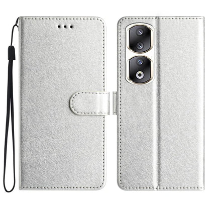 For Honor 90 Pro Case Silk Texture Leather Stand Wallet Phone Cover with Handy Strap