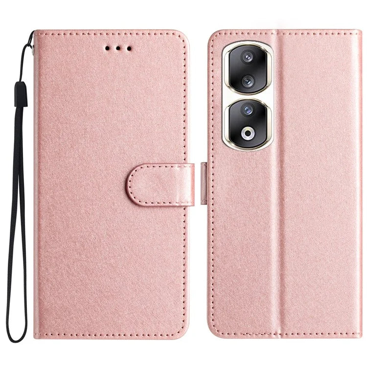 For Honor 90 Pro Case Silk Texture Leather Stand Wallet Phone Cover with Handy Strap