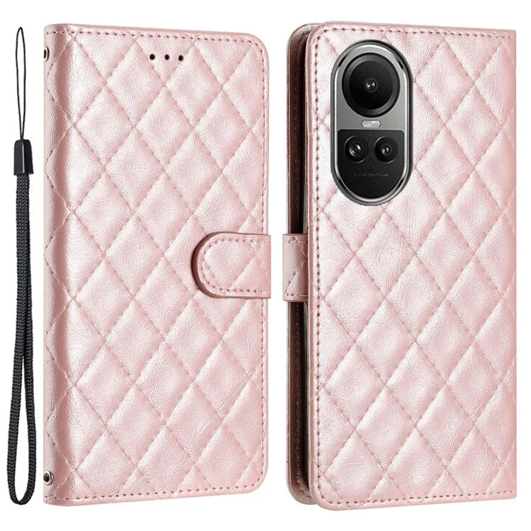 For Oppo Reno10 5G (Global) / Reno10 Pro 5G (Global) Case Leather Rhombus Grid Flip Wallet Stand Mobile Phone Cover