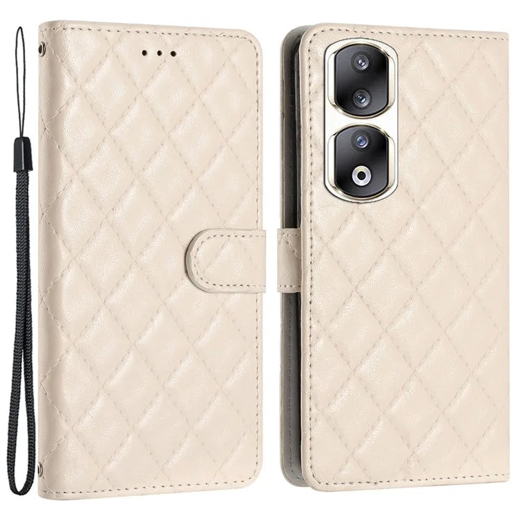For Honor 90 Pro Case Stitching Rhombus Grid Phone Cover with Wallet Stand