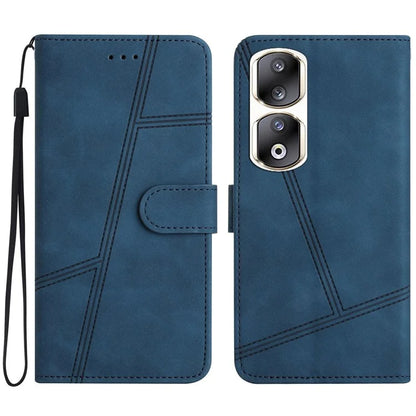 For Honor 90 Pro Cell Phone Case with Strap Lines Imprinted Folio Flip PU Leather Cover