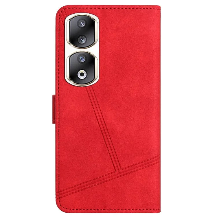 For Honor 90 Pro Cell Phone Case with Strap Lines Imprinted Folio Flip PU Leather Cover