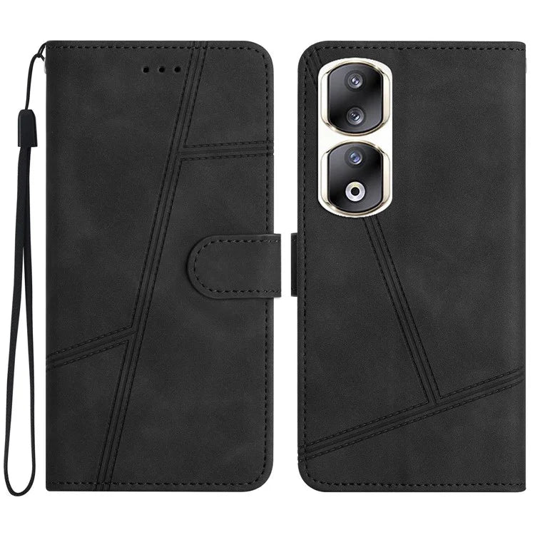 For Honor 90 Pro Cell Phone Case with Strap Lines Imprinted Folio Flip PU Leather Cover