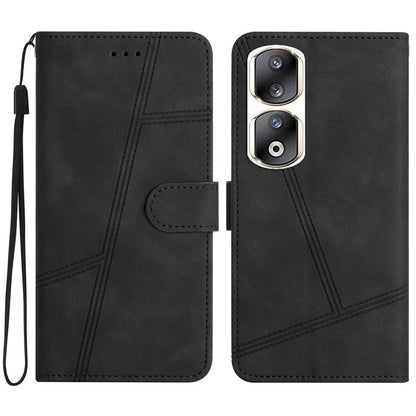 For Honor 90 Pro Cell Phone Case with Strap Lines Imprinted Folio Flip PU Leather Cover