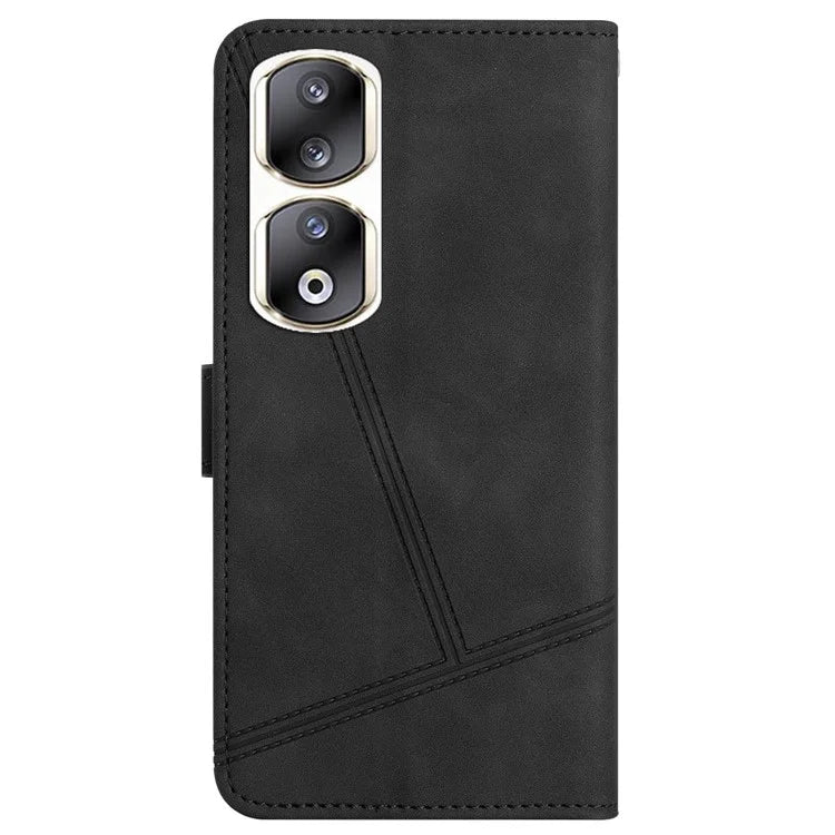 For Honor 90 Pro Cell Phone Case with Strap Lines Imprinted Folio Flip PU Leather Cover