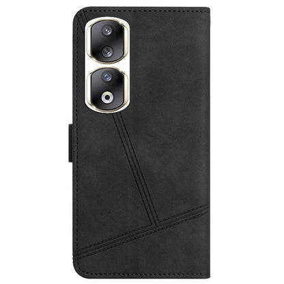 For Honor 90 Pro Cell Phone Case with Strap Lines Imprinted Folio Flip PU Leather Cover